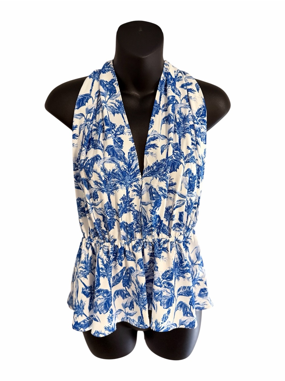 Gianni Bini Shea Leigh Mills Blue and White Tropical V-Neck Halter Peplum NTW L